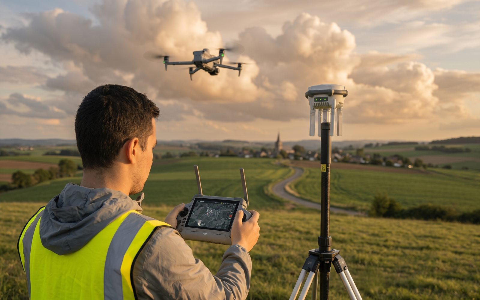 Técnico con chaleco pilotando un dron para levantamiento de datos