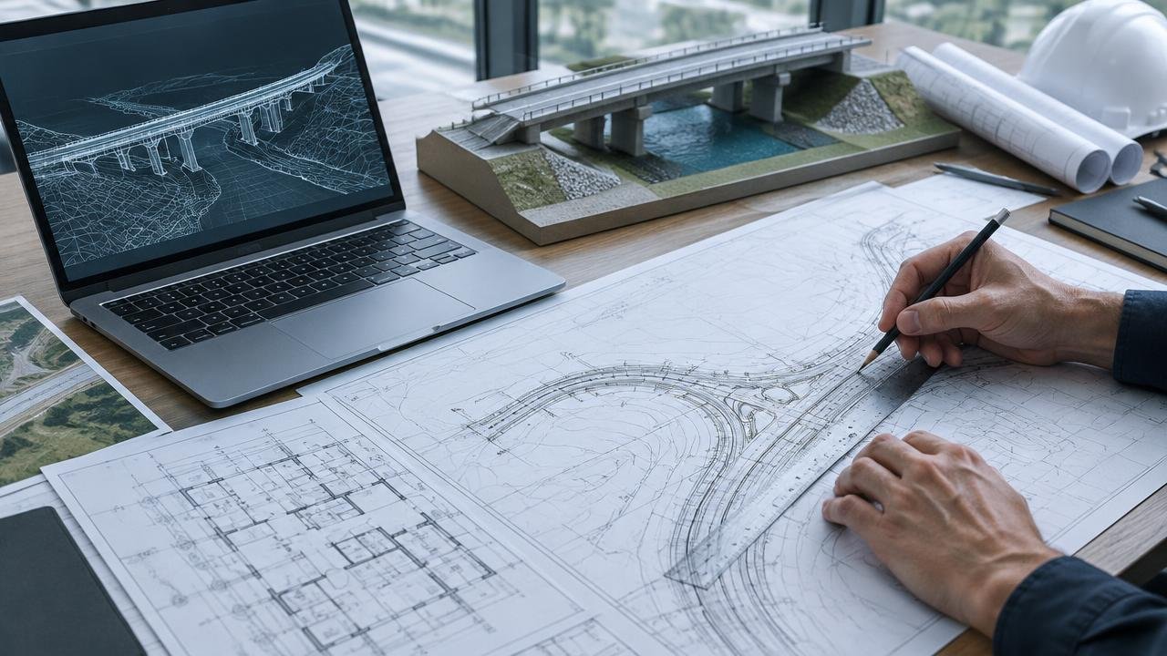 Profesional trazando planos de ingeniería junto a una laptop