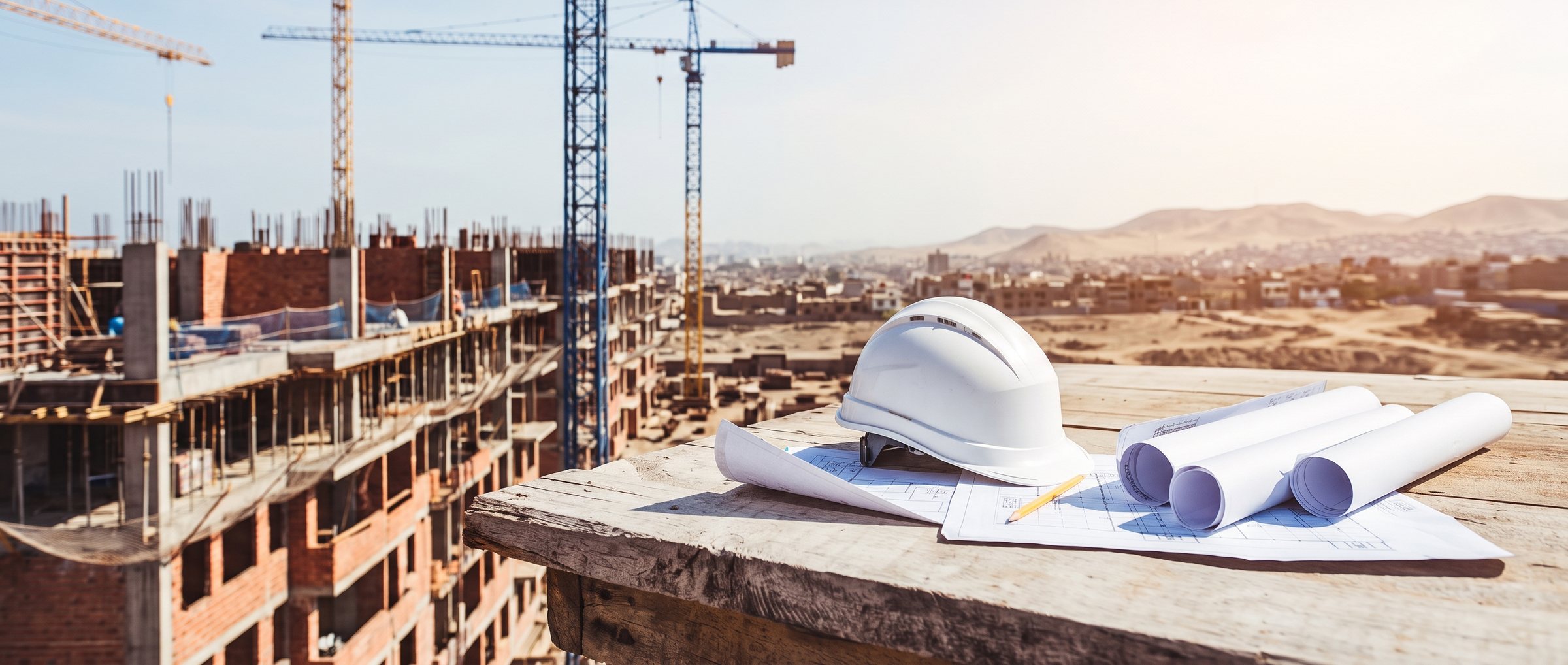 Casco de seguridad blanco y planos enrollados sobre una mesa frente a una obra en Lima