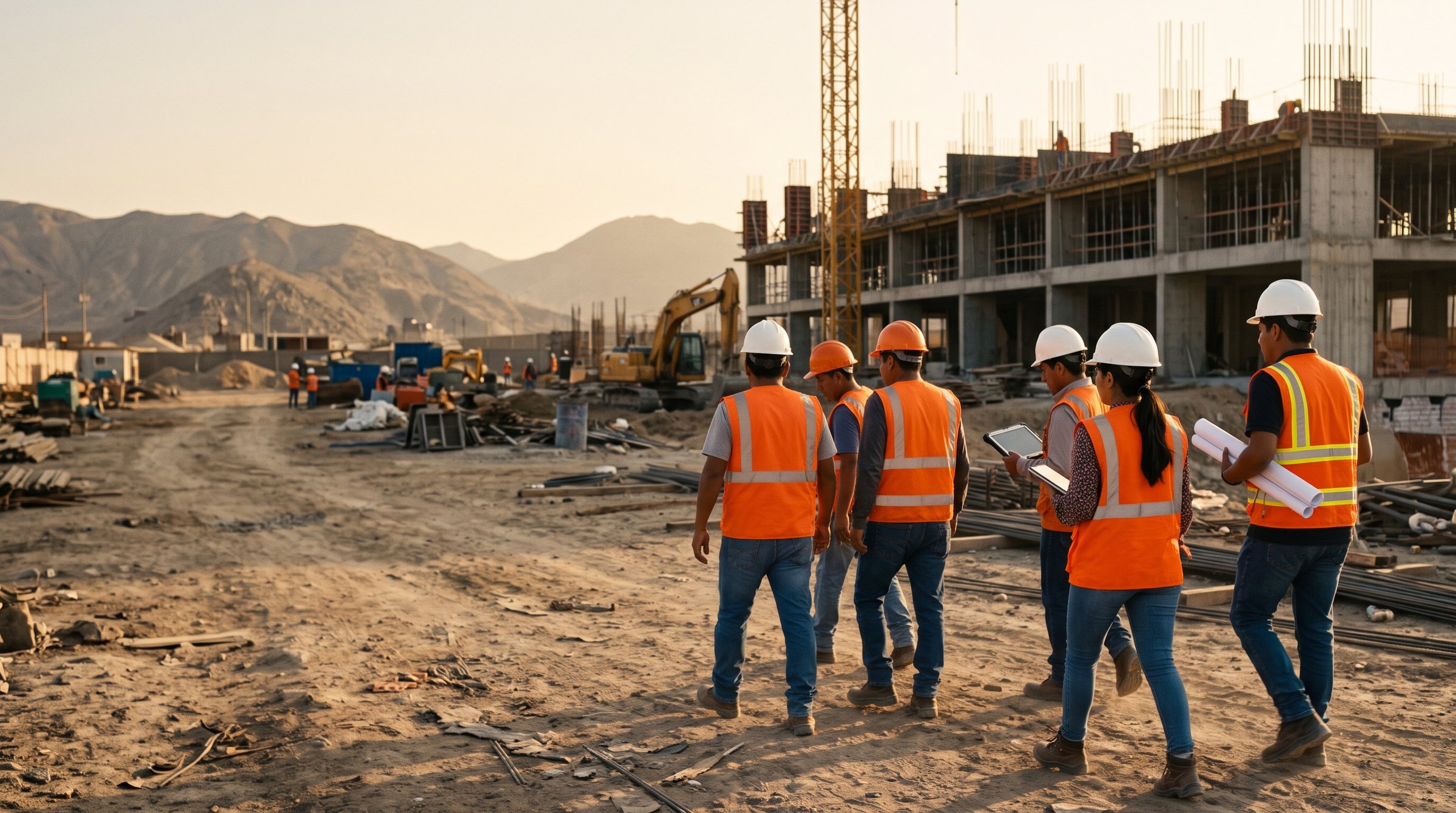 Equipo de ingenieros y técnicos con casco y chaleco caminando por una obra en construcción