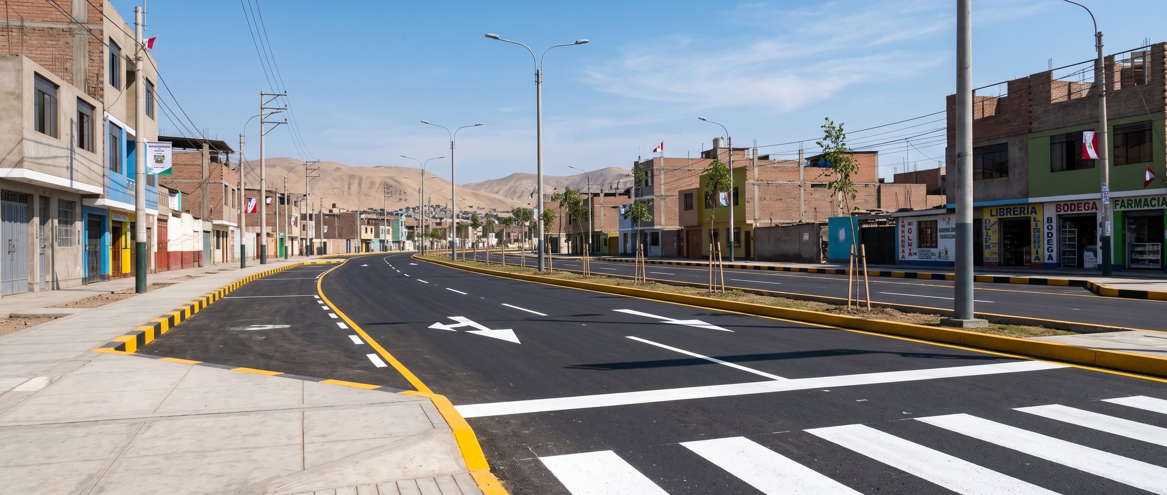 Avenida recién asfaltada con señalización vial nueva y veredas